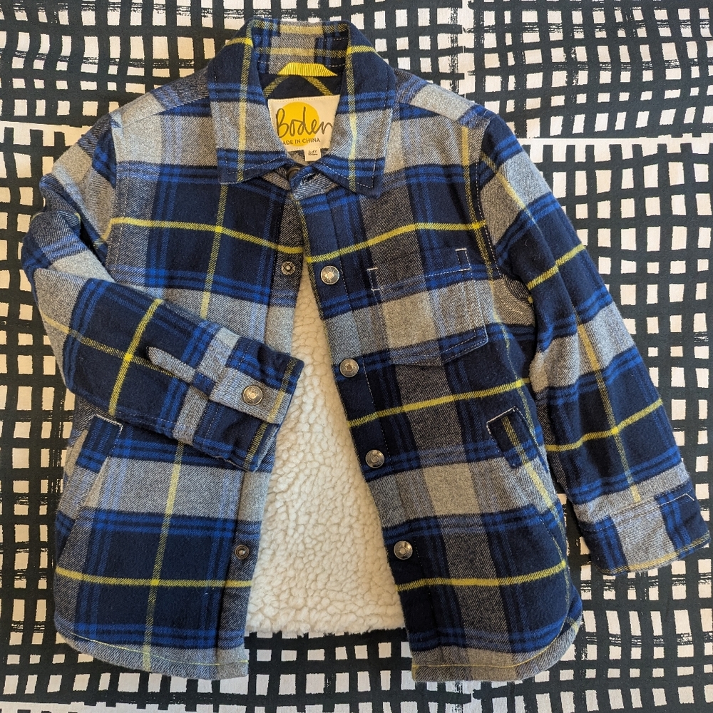 Boden Navy, Gray & Yellow Plaid Sherpa-Lined Kids Jacket 3-4Y